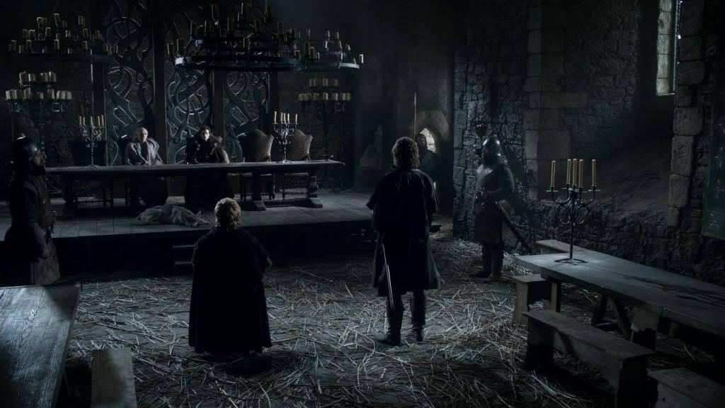 tone archways and candlelit corridors of Winterfell's great hall, emphasizing ancient architecture and weight.